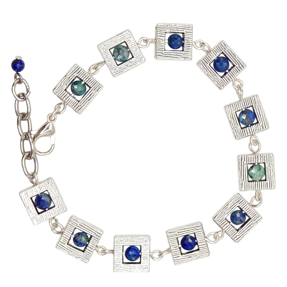 Handmade Chic Link Bracelet Blue Green Chrysocolla Silver Alloy Square Bead Cage